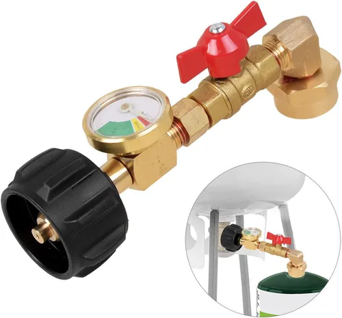 Adaptador de recarga de propano con válvula y medidor, llena botellas de 1 libra desde tanque de 20 libras. Se ajusta a tanque de propano QCC1 /