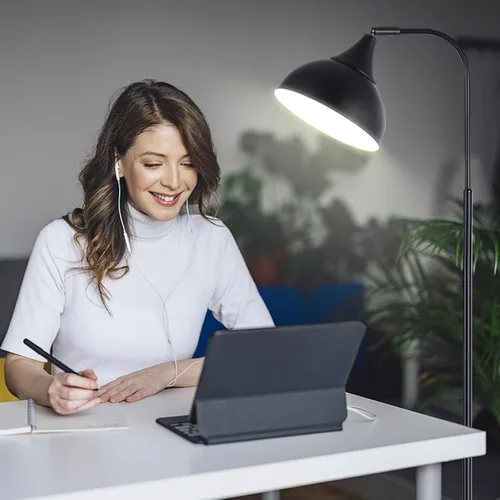 Vista 6 de Lámpara de pie LED industrial, lámpara de pie ajustable de metal negro para sala de estar, dormitorio, oficina, lámpara de lectura alta de cabeza