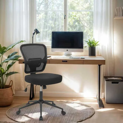 Vista 2 de Silla de escritorio de oficina sin brazos ajustable en altura, silla ergonómica de malla con respaldo alto, taburete de oficina con ruedas