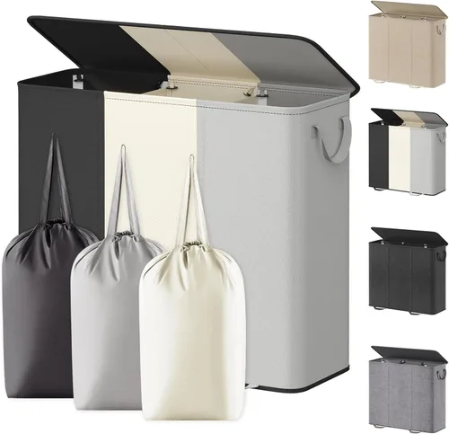 Vista 26 de Lifewit Cesta de lavandería con tapa y bolsa de lavandería extraíble, grande, plegable, 1 divisor, cesta de ropa sucia con asas para dormitorio