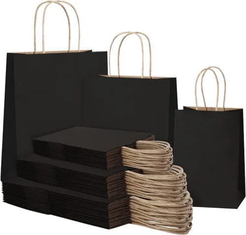 SHOPDAY 45 bolsas de papel negras con asas, bolsas de regalo de varios tamaños de 5 x 3 x 8 y 8 x 4 x 10.5 y 10 x 5 x 13 pulgadas, 15 bolsas de