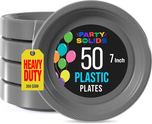 Vista 51 de Exquisite Party Solids - Platos de plástico negro para fiestas, platos desechables negros de 7 pulgadas para suministros de fiesta, 100 piezas