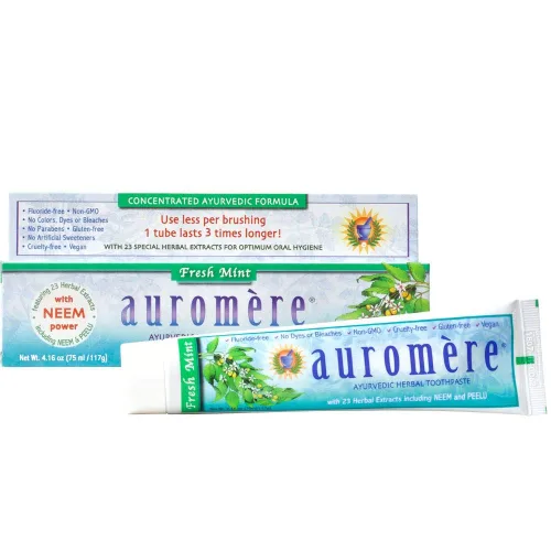 Auromere Pasta dental ayurvédica a base de hierbas, menta fresca, vegana, natural, sin OMG, sin fluoruro, sin gluten, con neem y peelu (4.16 onzas),