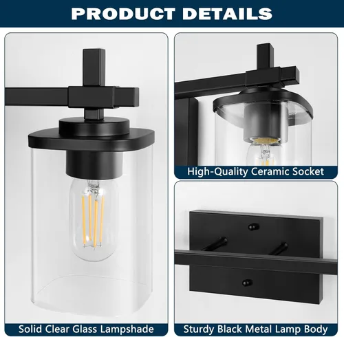 Vista 3 de 2 luces de tocador de baño, accesorios de luz de tocador negro mate sobre espejo, apliques de pared modernos con pantalla de vidrio transparente