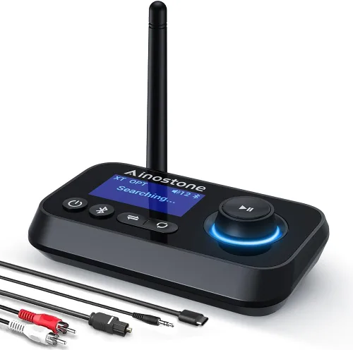Bluetooth Transmitter Receiver 3-in-1 Bluetooth 5.3 Audio Adapter for 2 Headphones with Bypass Volume Control ON/Off Switch LCD Display 3.5mm