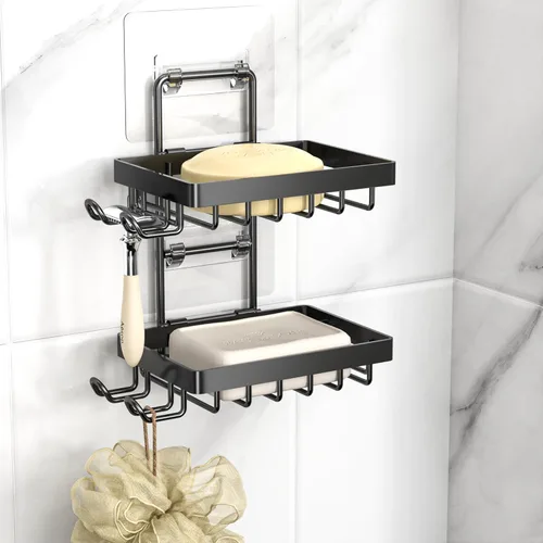 Vista 9 de Moforoco Jabonera negra, soporte para barra de jabón para ducha, accesorios de baño sin perforaciones, soporte de jabón montado en la pared