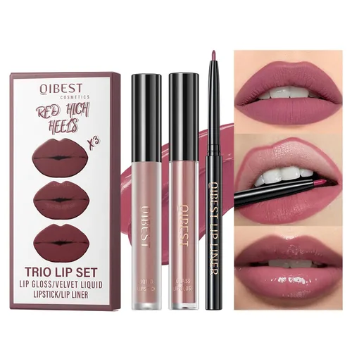 Juego de brillo labial 3 en 1 con lápiz labial mate, brillo labial hidratante y delineador de labios líquido de 0.079 pulgadas, maquillaje de larga