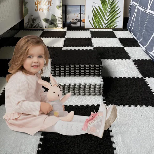 Vista 2 de 16 piezas de alfombrillas de baldosas entrelazadas de 0.6" de grosor, esponjosas, peludas, suaves, alfombra de área de espuma EVA para sala de estar