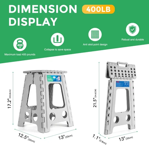 Vista 123 de Dyforce Taburete plegable de 17.5 pulgadas, capacidad de 400 libras, taburete plegable de plástico resistente para adultos, taburete con asa, fácil
