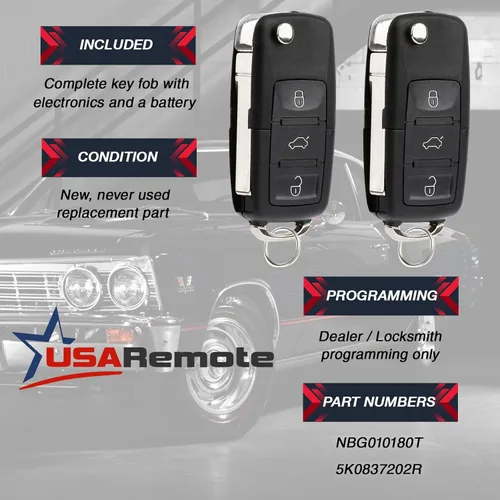 Vista 3 de Juego de 2 llaveros con control remoto para Volkswagen Beetle CC Eos Golf Gti Jetta Passat Tiguan Touareg 2011 2012 2013 2014 2015 2016 (NBG010180T)