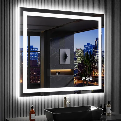 Vista 58 de LOAAO Espejo de Baño LED de 32"X36" con Luces, Anti-Empañamiento, Regulable, Retroiluminado + Iluminado Frontal, Espejo de Tocador de Baño Iluminado