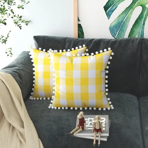 Vista 8 de 2 fundas de almohada a cuadros de búfalo a cuadros decorativos con pompones, 2 fundas de cojín retro estilo rural lumbar para sofá, automóvil, 12 x