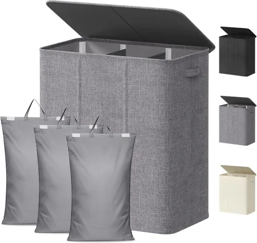 Vista 13 de Lifewit Cesta de lavandería con tapa y bolsa de lavandería extraíble, grande, plegable, 1 divisor, cesta de ropa sucia con asas para dormitorio