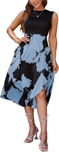 Simplee Apparel Vestido largo casual con estampado floral a rayas y bolsillos para mujer