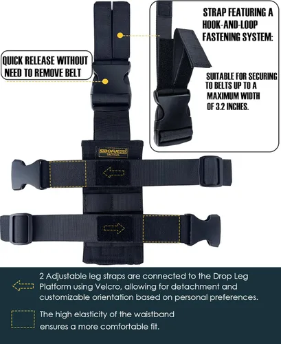 Vista 3 de Plataforma táctica Molle Drop Leg – Universalmente ajustable con panel Molle para acomodar tanto la funda de pierna caída como la correa de pierna