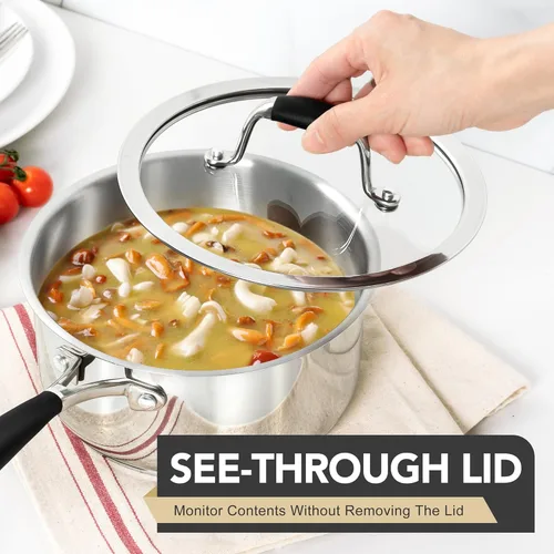 Vista 2 de MICHELANGELO Triply - Cacerola de acero inoxidable con tapa, 6 piezas, sartén de acero inoxidable con mango de baquelita, juego de cacerolas