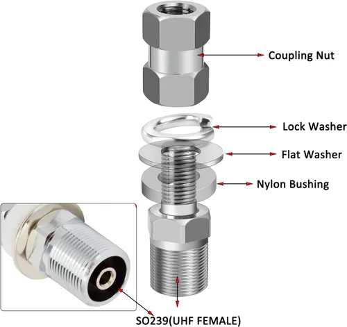 Vista 3 de HYS Paquete de 2 soportes de perno UHF SO-239 – orificio de montaje universal de 1/2 pulgada – rosca UNF 3/8-24 – fácil de instalar para antenas