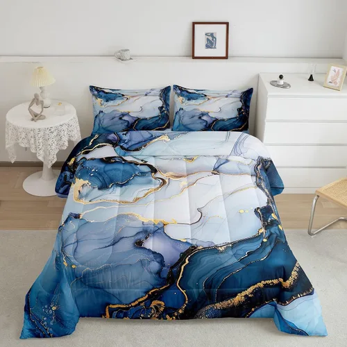 Erosebridal Juego de ropa de cama de mármol líquido, color azul claro, patrón de mármol, estampado abstracto, juego de edredón acolchado de mármol