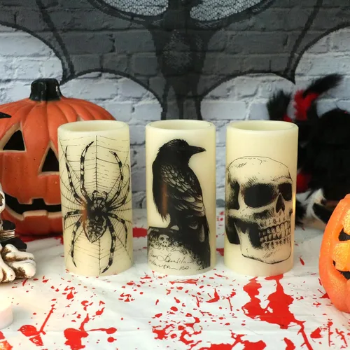 Vista 4 de Eldnacele Velas LED sin llama parpadeantes de Halloween, funcionan con pilas, con temporizador de 6H, calcomanías de calavera, telaraña, cuervo