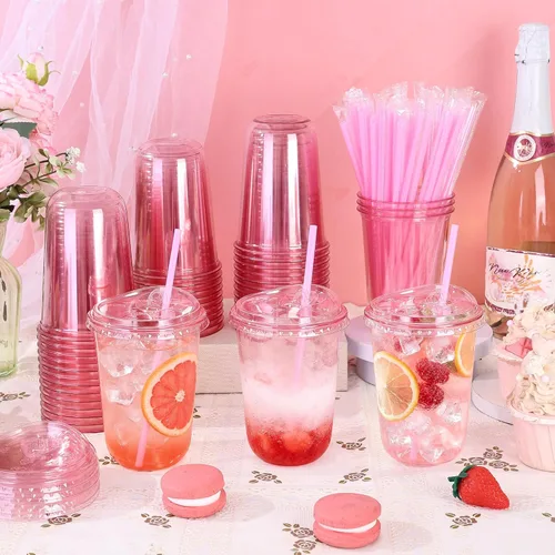 Vista 3 de KesaPlan 50 Pack 16oz Pink Plastic Cups with Sip Lids & Straws, Disposable Iced Coffee Cup for Party Catering Wedding, Round Bottom To Go Drink Cup
