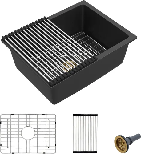 Vista 32 de 12"x16" Undermount Bar Prep Sink – Matte Black Granite Composite Quartz Classic Under Counter Single Bowl Sink Basin for Wet Bar, RV, Outdoor