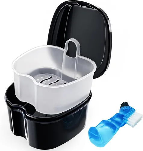 Contenedor de remojo para dentaduras negras, estuche para dentaduras parciales, estuche de limpieza para retenedores de ortodoncia, contenedor