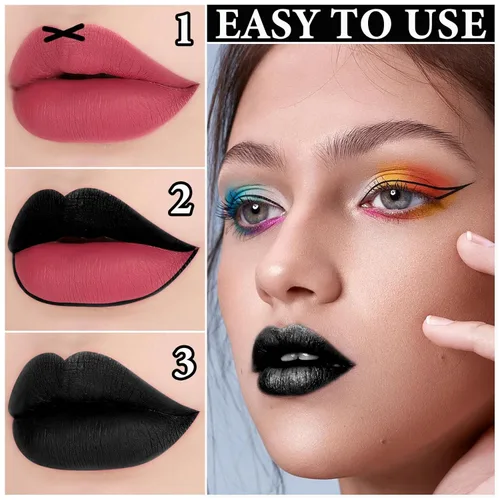 Vista 6 de Juego de delineador de labios y lápiz labial, lápiz labial líquido negro mate de alta pigmentación de larga duración, brillo de labios negro