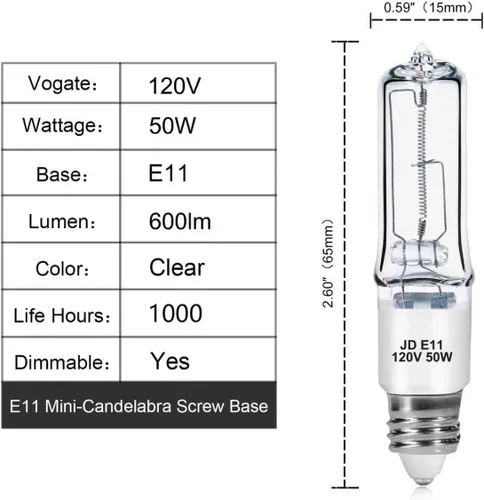 Vista 2 de Paquete de 4 bombillas halógenas JDE11 de 120 V 50 W, bombilla E11 con base de candelabro T4, 600 lúmenes, 2700 K, blanco cálido, regulable