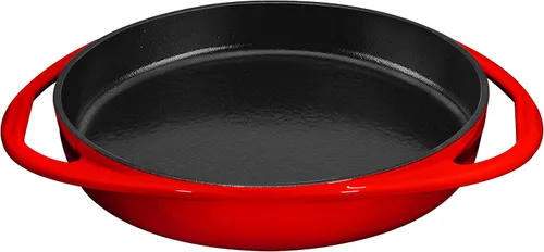 Bruntmor Sartén de hierro fundido esmaltado rojo de 9.5 pulgadas, apta para horno, bandeja para pizza con asas dobles, bandeja para pasteles para