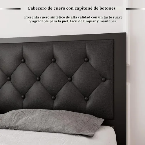 Vista 5 de Feonase Marco de cama Queen tamaño metálico con cabecera tapizada con botones de piel sintética, marco de plataforma resistente con almacenamiento