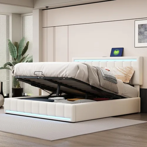 Vista 109 de Elegante cama con plataforma tapizada de terciopelo de tamaño Queen con cabecero, para niños, niñas y adolescentes (beige @cabecero/, Queen)