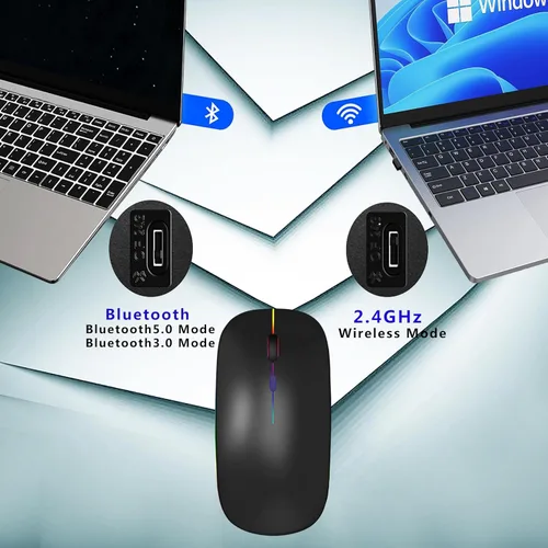 Vista 3 de WREANU Ratón inalámbrico Bluetooth recargable con luces LED, uso silencioso y delgado (BT5.2 y 2.4G USB portátil) modo dual, ratón de computadora