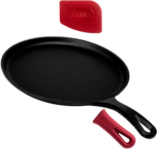 Plancha redonda de hierro fundido – Sartén para crepas de 10.5 pulgadas + cubierta de mango de silicona – Comal pre-sazonado para sartén plana de
