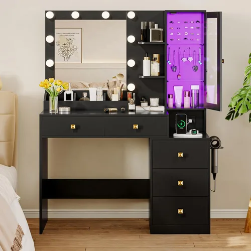 Xixini Escritorio de tocador con espejo y luces, juego de mesa de tocador de maquillaje con 5 cajones de almacenamiento, toma de corriente, pequeño