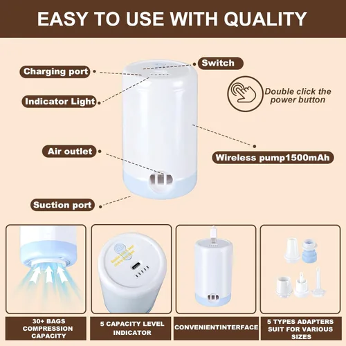 Vista 3 de 25 Pack Bolsas de Almacenamiento al Vacío para Ropa, Bolsas de Sellado al Vacío para Viajes con Bomba Inalámbrica, Bolsas de Compresión al Vacío