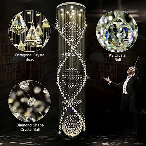 Vista 4 de 7PM Chandelier for Staircase, Crystal Foyer Chandelier High Ceiling, Modern Raindrop Chandeliers Flush Mount Ceiling Light Fixture for Spiral