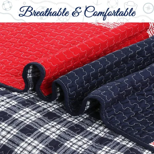 Vista 6 de Cozy Line Home Fashions Juego de ropa de cama reversible de 100% algodón con diseño de estrellas y rayas rojas y azul marino, para todas