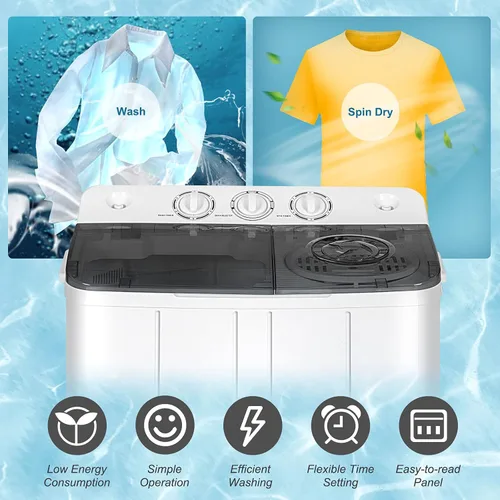 Vista 3 de COSTWAY Lavadora Portátil, Doble Tina Capacidad de 22 Libras, Lavadora Compacta (13.2 Libras) y Centrifugadora (8.8 Libras) con Perillas de Control
