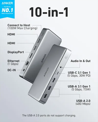 Vista 2 de Estación de acoplamiento Anker 10-en-1 USB C, estación de acoplamiento Displaylink con Dual HDMI y DisplayPort para laptops Windows, MacBook Air/Pro