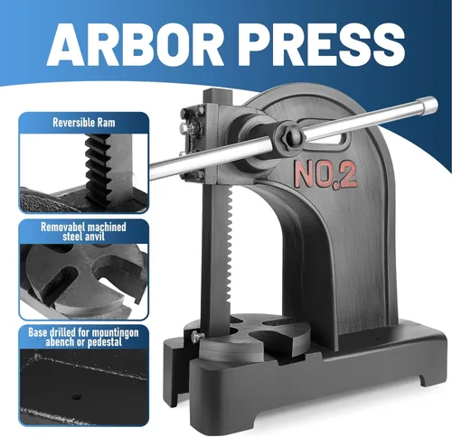 Vista 3 de 2 Ton Manual Arbor Press, Heavy Duty Cast Iron Press with Ratchet Lever & Reversible Ram, Adjustable Non-Slip Lever Press Machine for Metalworking