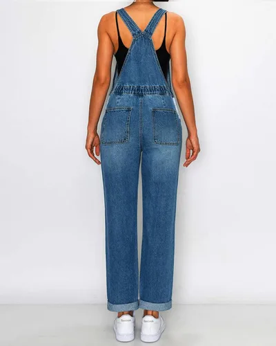Vista 3 de Love Moda Overol de mezclilla de pierna recta 100% algodón para mujer