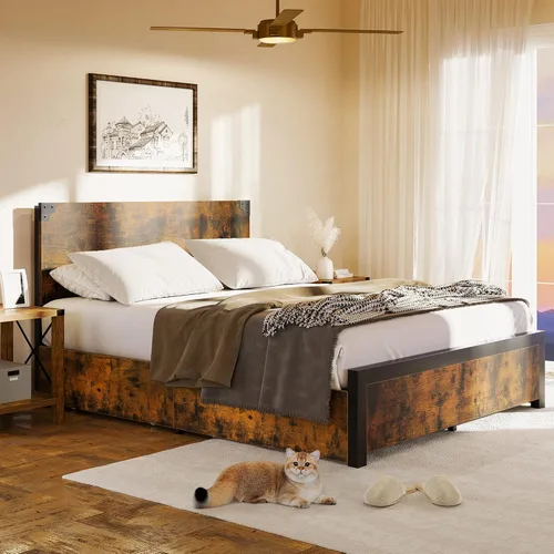 Vista 3 de Base de cama de tamaño matrimonial con 4 cajones de almacenamiento y cabecero, plataforma de metal resistente y madera rústica, marco de cama