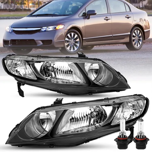 TUSDAR Juego de montaje de faros delanteros compatible con Honda Civic Sedan 2006-2011 de 4 puertas con bombillas, carcasa negra y reflector