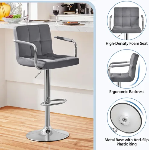 Vista 183 de Yaheetech - 4 taburetes de bar ajustables de terciopelo, taburetes de cocina, sillas de comedor giratorias hidráulicas con reposabrazos, terciopelo