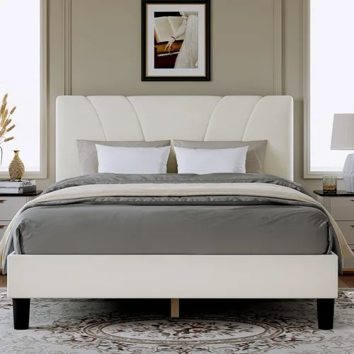 Vista 13 de Novilla Base de cama de tamaño matrimonial con plataforma de cabecera ajustable, base de cama matrimonial con cabecera tapizada de tela de lino,