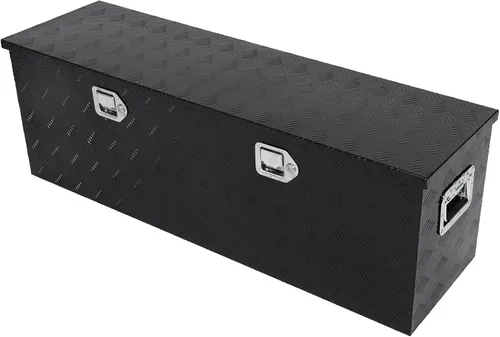 Vista 23 de confote Caja de herramientas chapada en rayas de aluminio resistente de 30 pulgadas, caja de herramientas para camioneta, caravana, remolque, Negro
