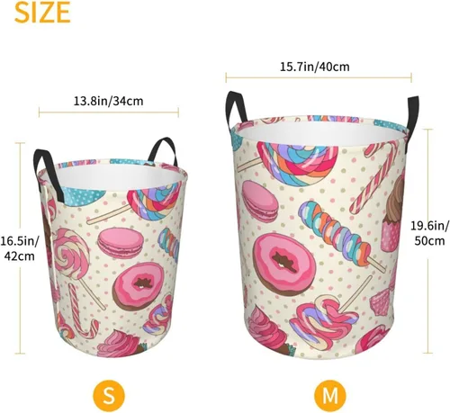 Vista 5 de Cesta de almacenamiento circular Protable con estampado de magdalena de piruleta dulce, cesta para ropa sucia con asas, ropa de dormitorio