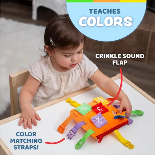 Vista 3 de BUCKLE TOY "Bizzy" - Aprendizaje Temprano bebés habilidades básicas de vida Actividad de viaje felpa niños.