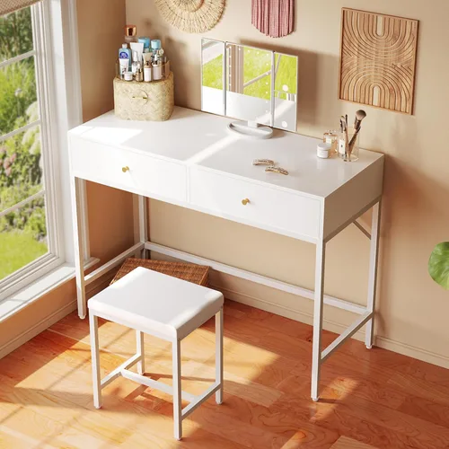 Vista 7 de SUPERJARE Escritorio de tocador, tocador de maquillaje con espejo iluminado, escritorio blanco con cajones, escritorio de maquillaje de 35.4