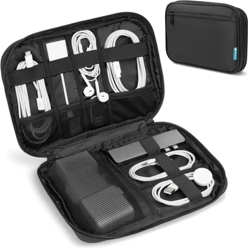 PAVILIA - Organizador de cables de viaje para cables y cargadores, color negro | 10 x 6.8 x 1.7 in 600D water-repellent electronics bag pouch with 7